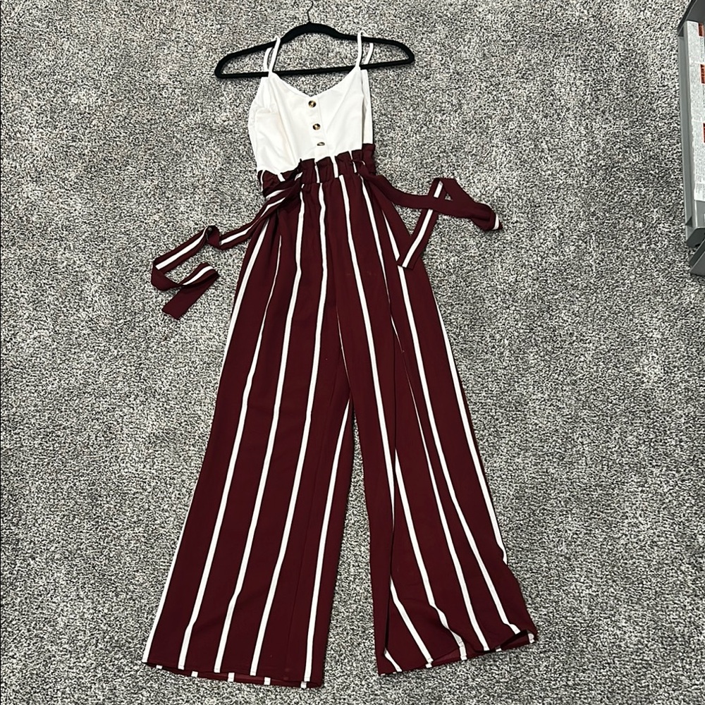 Striped Burgundy and White Jumpsuit